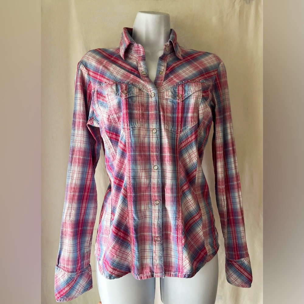 Panhandle Slim Pink Blue Plaid Western Pearl Snap Shirt Metallic Size M Cowgirl